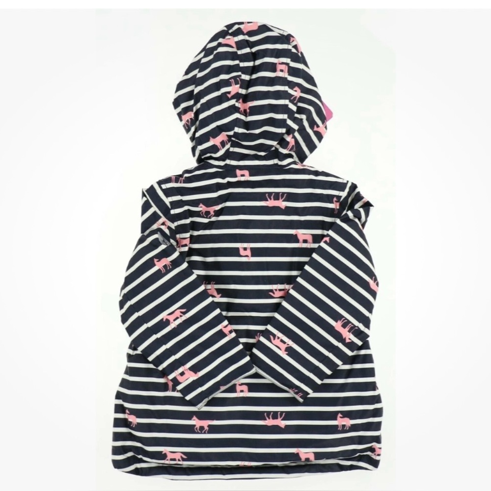 Joules Girl’s Waterproof Raincoat Jacket Navy Stripe with Pink Horses. Size 5y - Picture 7 of 7